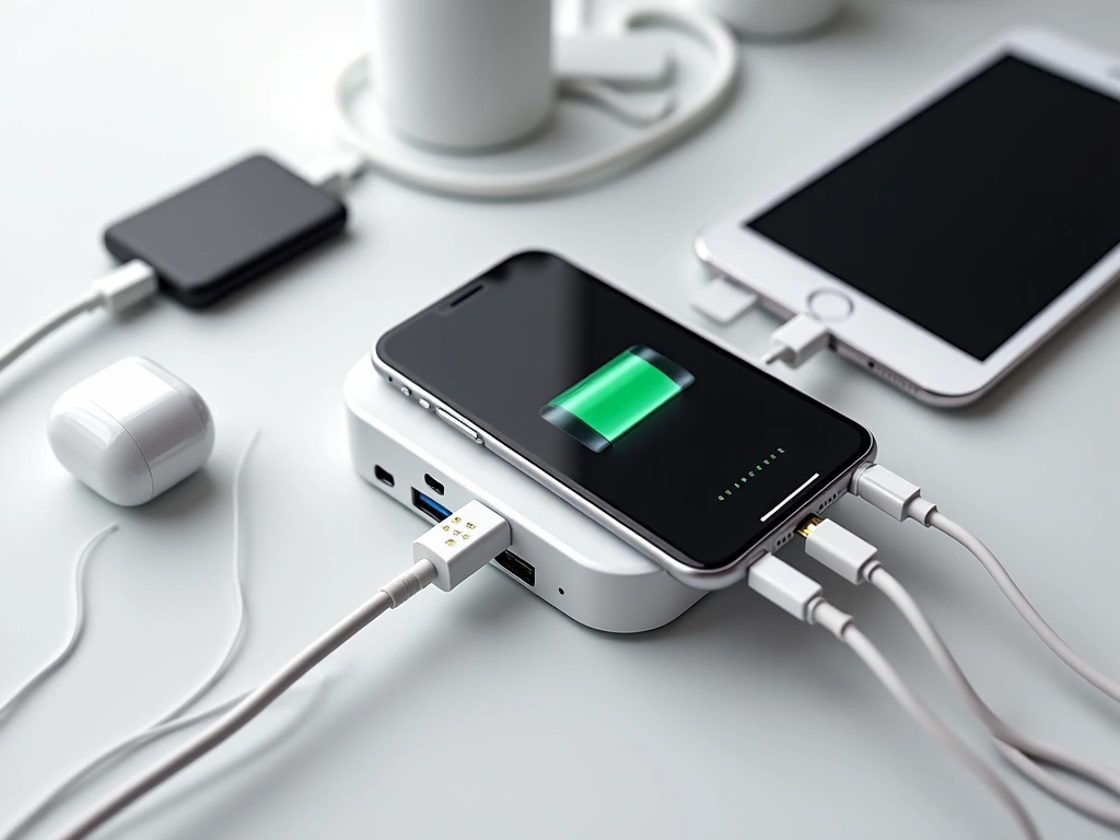 Overhead shot of a charging station with multiple USB-C and USB-A cables plugged into various devices (smartphones, tablet...