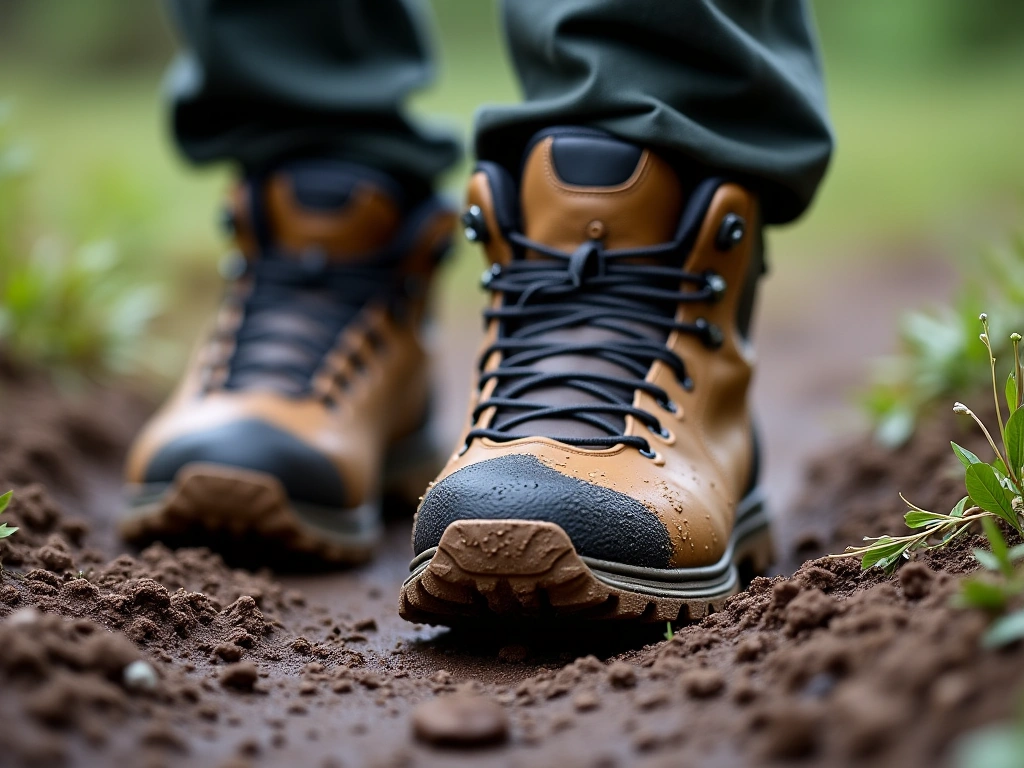 Photorealistic image of hiking boots on a muddy trail. The focus is on the mud caked on the treads and the water-resistant...