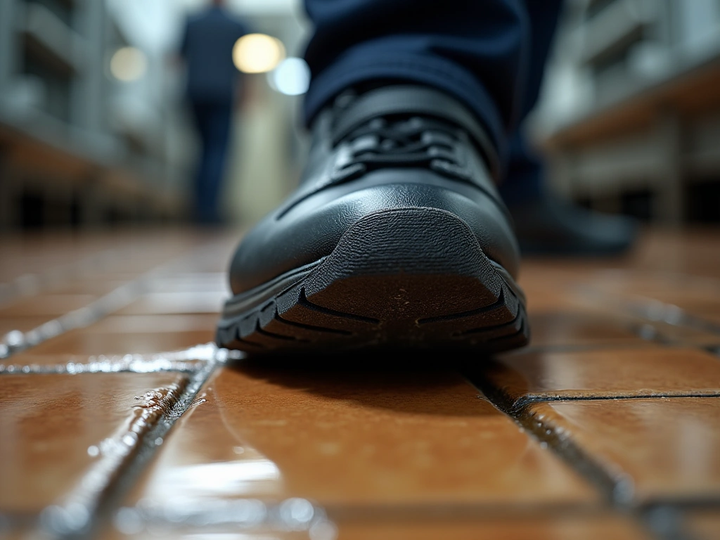 Photorealistic close-up of a non-slip work shoe sole gripping a wet, greasy tile floor in a commercial kitchen. Focus on t...