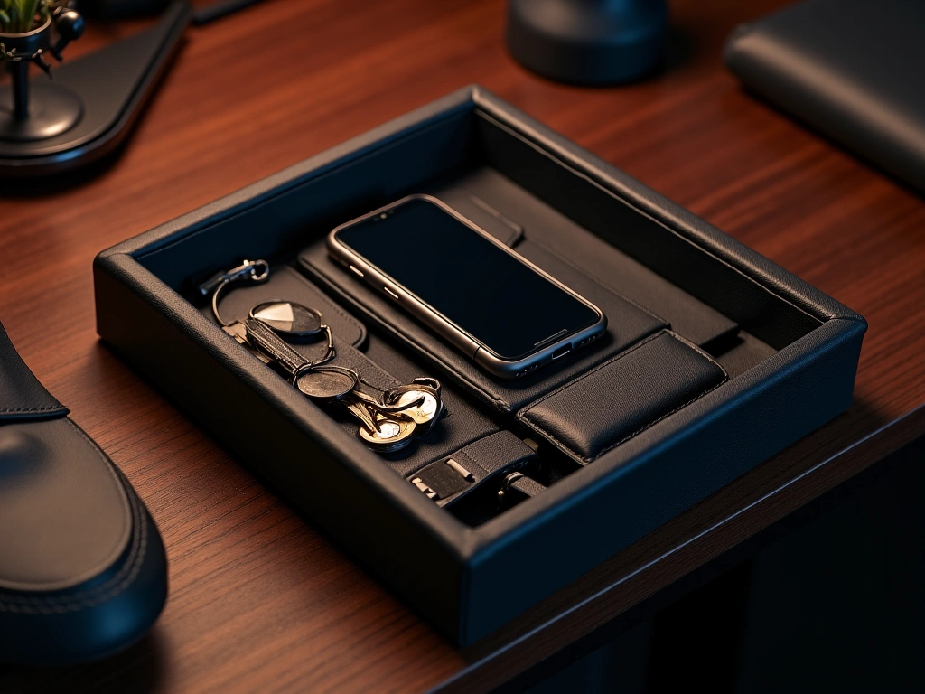 A high-angle view of a luxurious charcoal-colored valet tray on a dark wooden surface. A smartphone rests on the charging ...