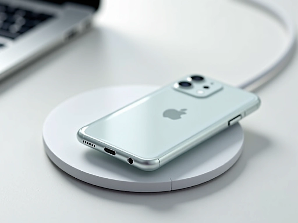 A close-up, overhead shot of a sleek, white wireless charging pad on a light gray surface. A modern smartphone with a fros...