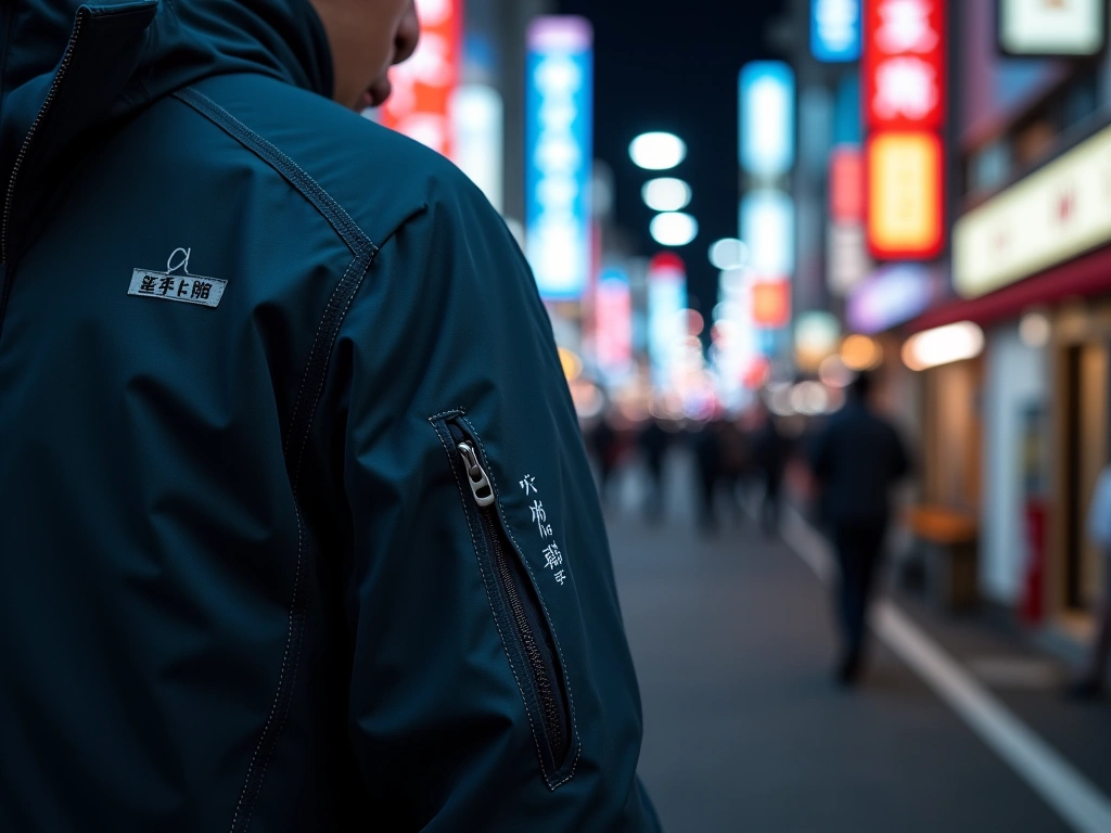 A photorealistic close-up of a textured Gore-Tex jacket sleeve with intricate stitching and multiple waterproof zippers, s...