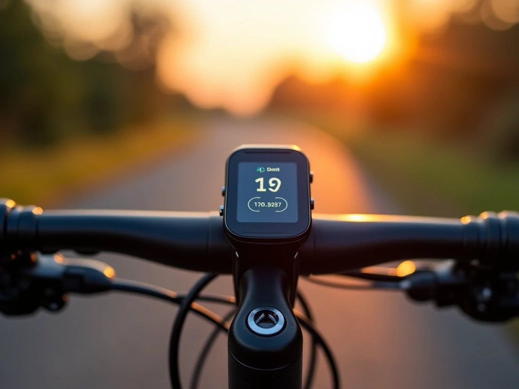 Close-up shot of a Fitbit Surge attached to a bicycle handlebar, displaying workout data on the screen, set against a blur...