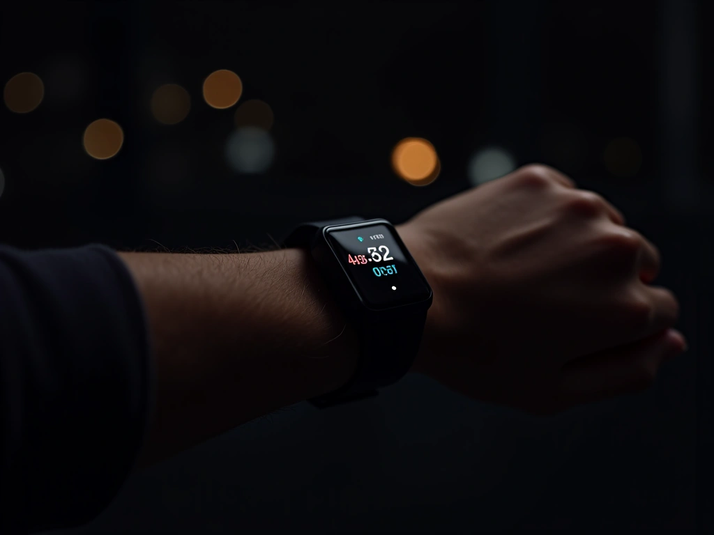 A wrist wearing a Fitbit Surge, with the heart rate display illuminated, against a dark background with subtle bokeh light...