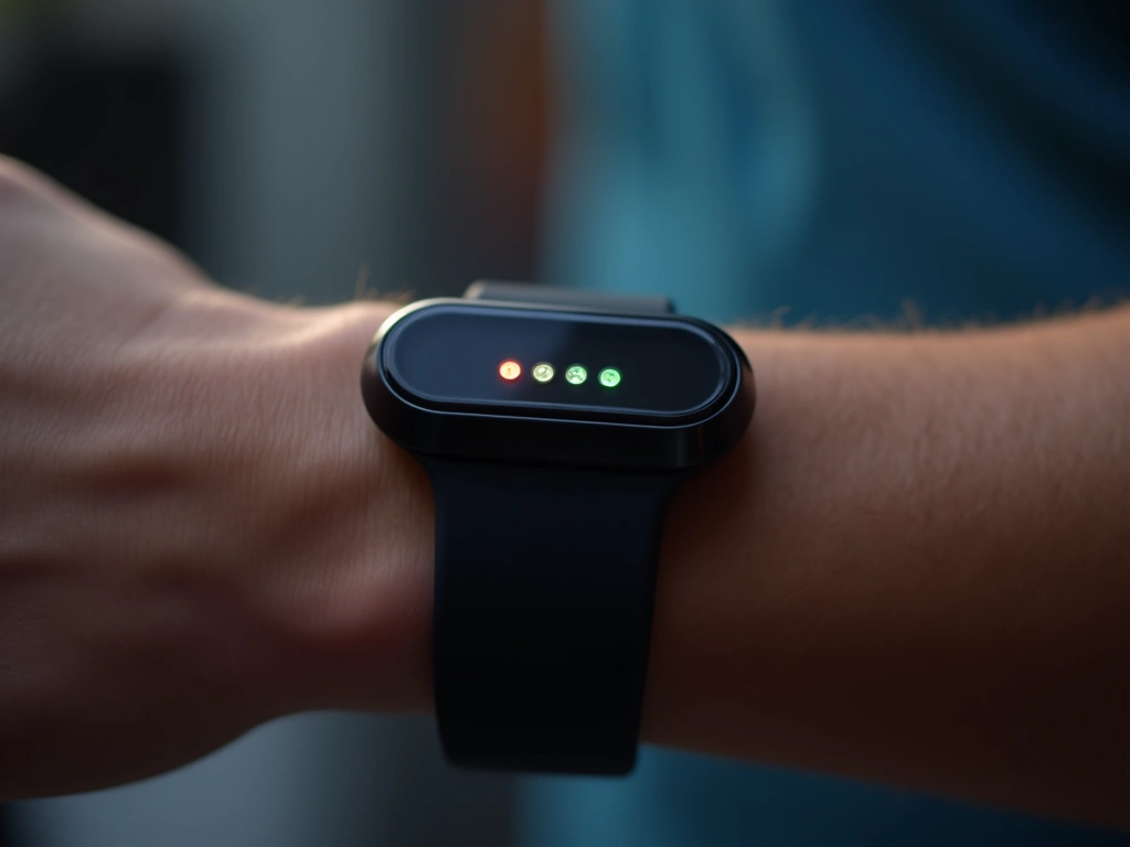 Fitbit Flex Review: Mastering Daily Fitness and Sleep Tracking 1 Close-up shot of a fitness tracker wristband with five small LED lights glowing sequentially, indicating progress towards ...