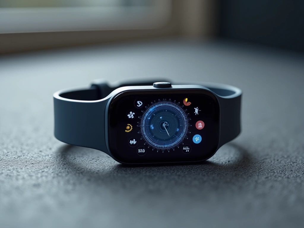 The Evolution of Fitness Smart Watches and Wearable Technology 1 Close-up studio shot of a modern fitness tracker on a textured gray surface, displaying complex data visualizations on its...