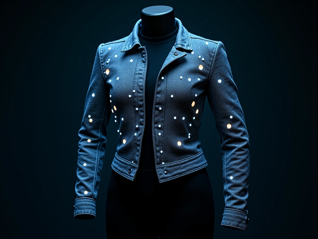 The Evolution of Fitness Smart Watches and Wearable Technology 2 A high-angle shot of a futuristic garment, possibly a jacket or shirt, seamlessly integrating glowing LED patterns into th...