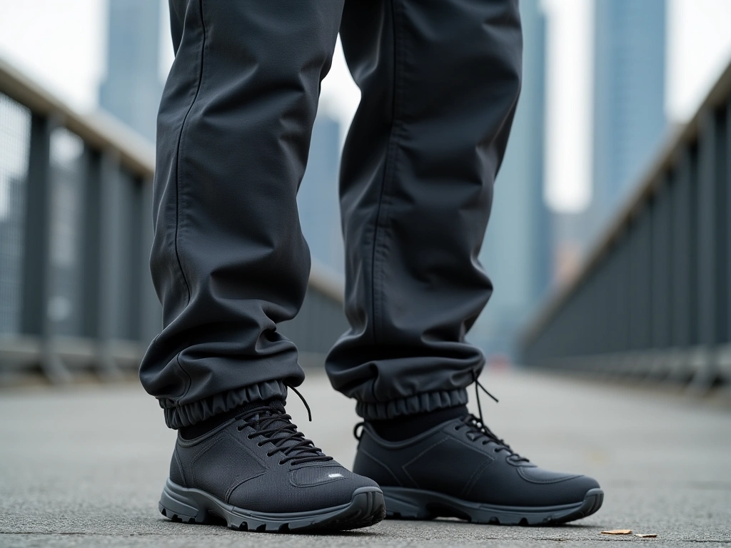 Photorealistic shot of dark grey techwear pants, cinched at the ankle. Focus on the articulated knee and the textured, dur...