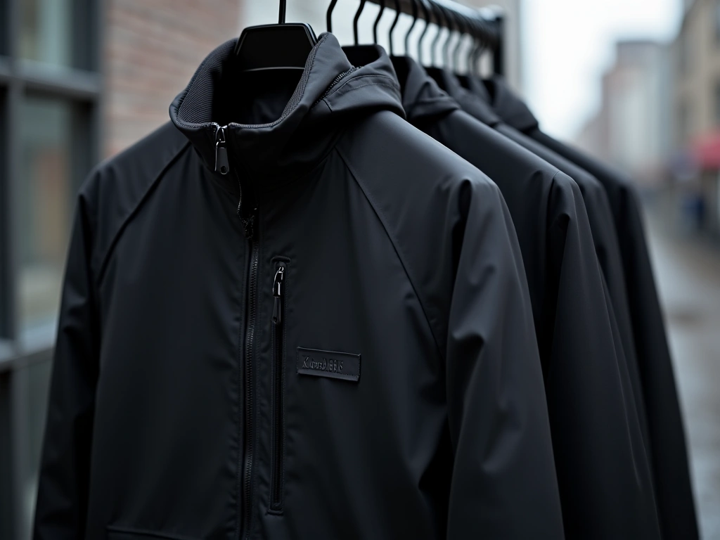 Photorealistic close-up of a matte black techwear jacket hanging on a metal rack. The jacket features clean lines, subtle ...
