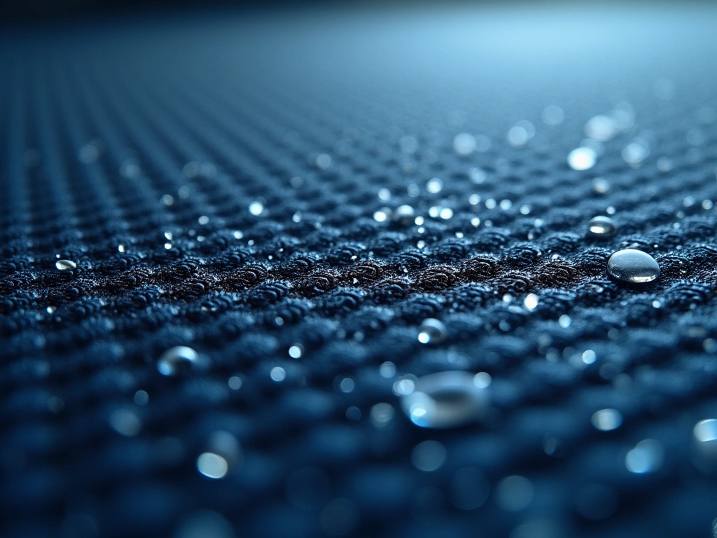 A macro photorealistic shot of interwoven high-tech fabric, water beading on the surface, highlighting the texture and dem...