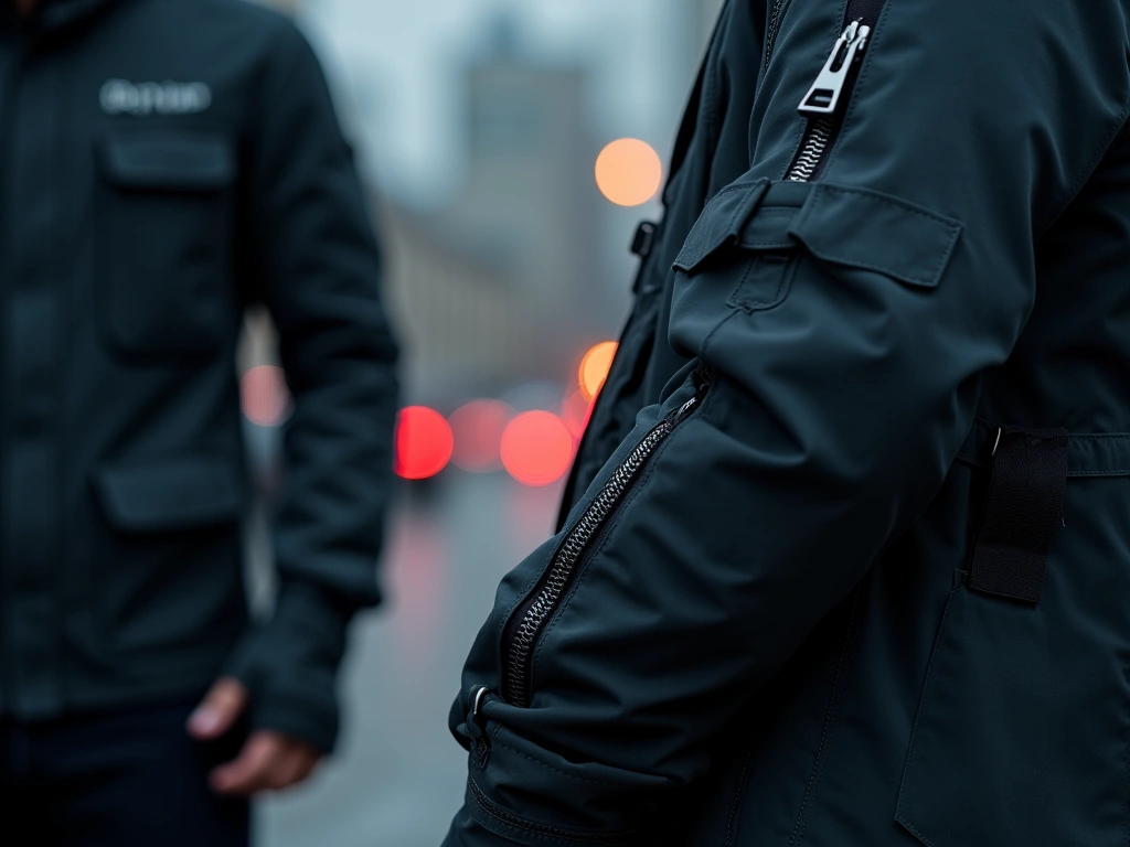 A photorealistic close-up of a dark, textured techwear jacket sleeve with multiple zippered pockets and straps, set agains...